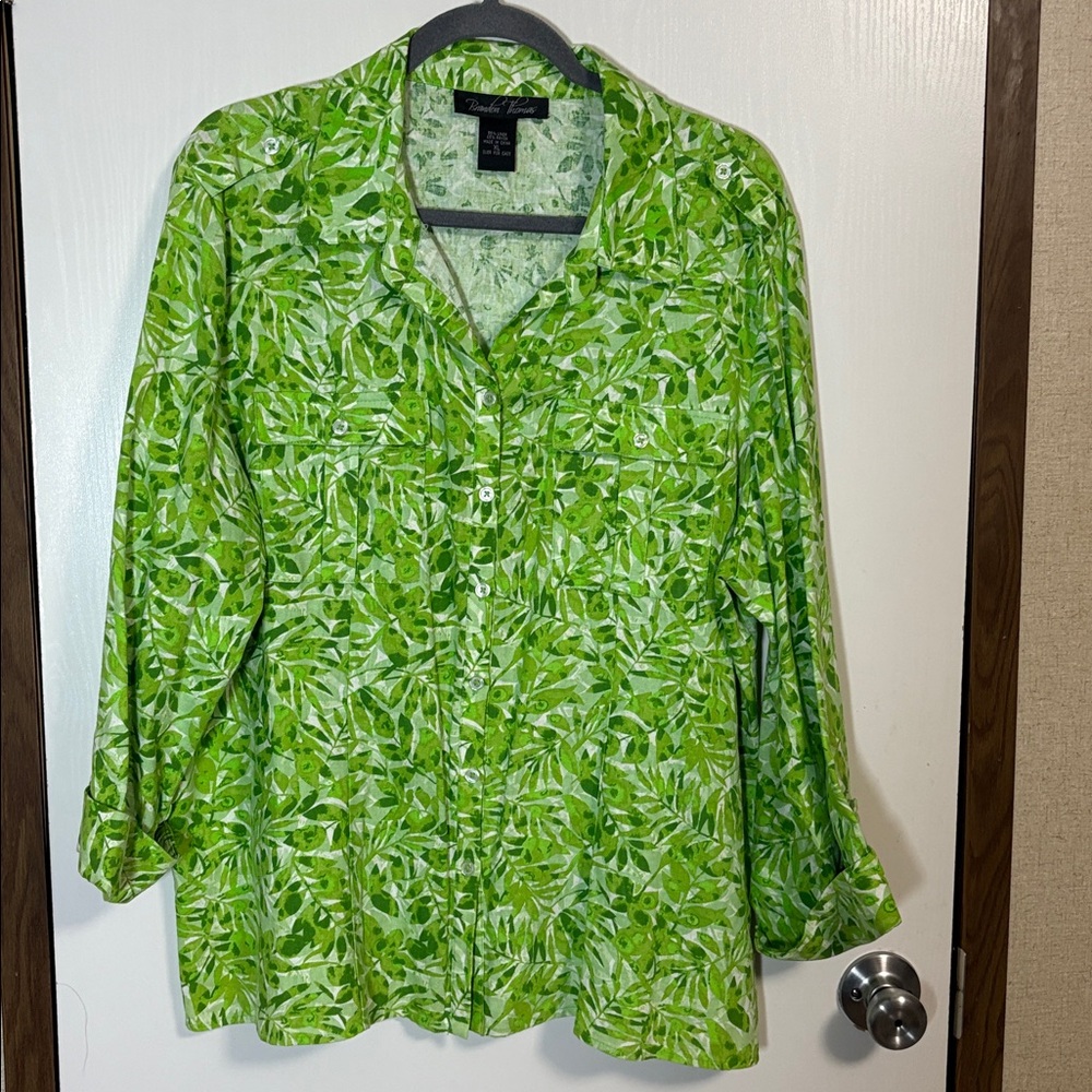 Brandon Thomas Green Leaf Print Blouse Linen Rayon Button Up XL Vacation Resort